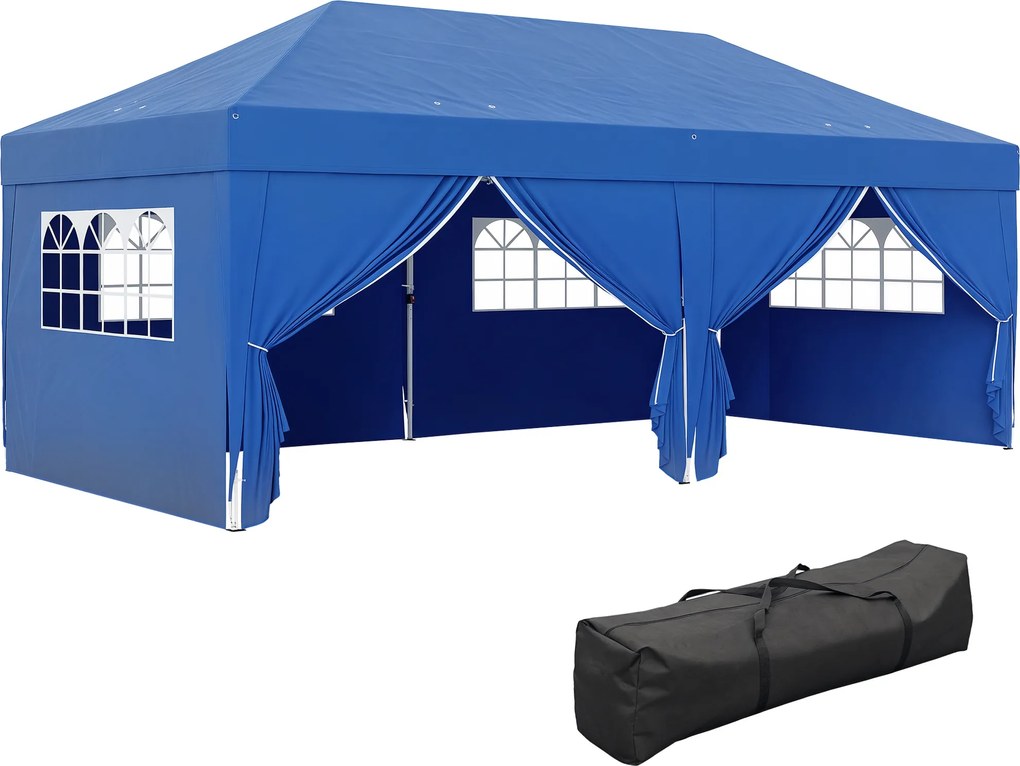 Outsunny Pavilion de grădină exterior pliabil 3 x 6 m cu 6 pereți laterali, geantă de transport inclusă, albastru | Aosom Romania