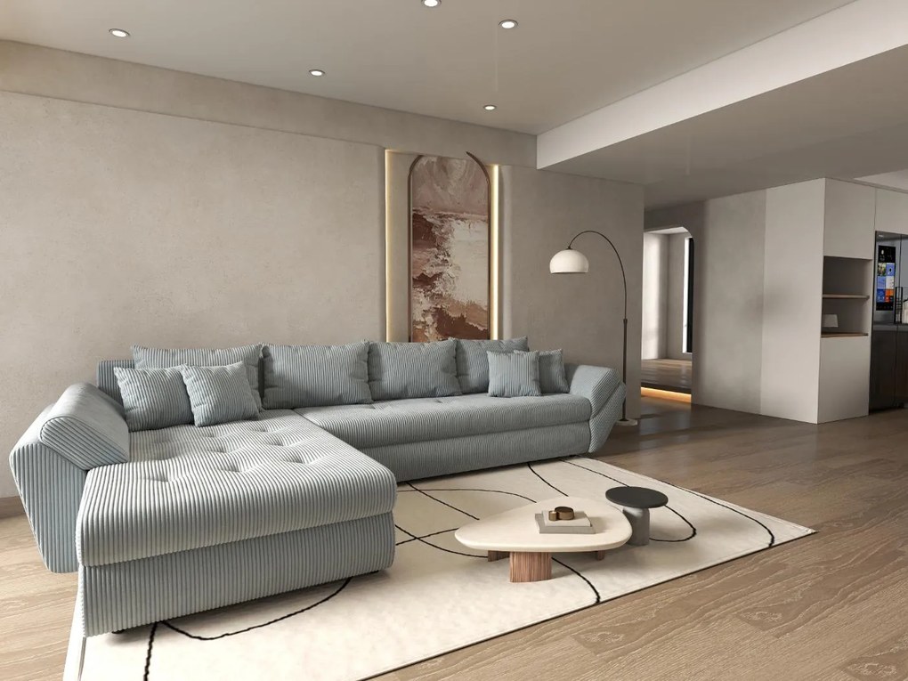 Colțar extensibil dumonde cu ladă de depozitare si sezut confortabil din spuma high-density, Loana XL Zoom Grey 335x185 cm