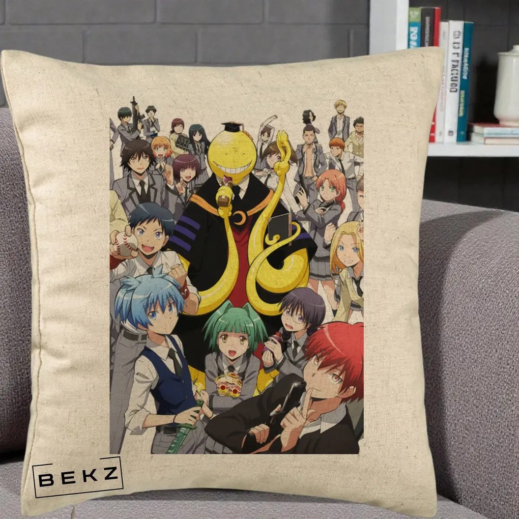 Perna Personalizata Assassination Classroom Grup Complet Anime, 40x40 cm, Bej, Husa Detasabila, Perna Inclusa, BEKZ®