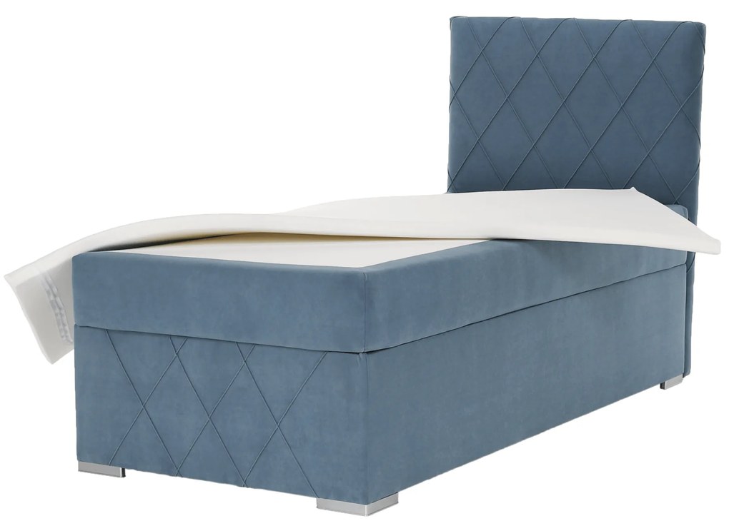 Pat boxspring, pat de o persoană, albastru, 90x200, dreapta, PAXTON