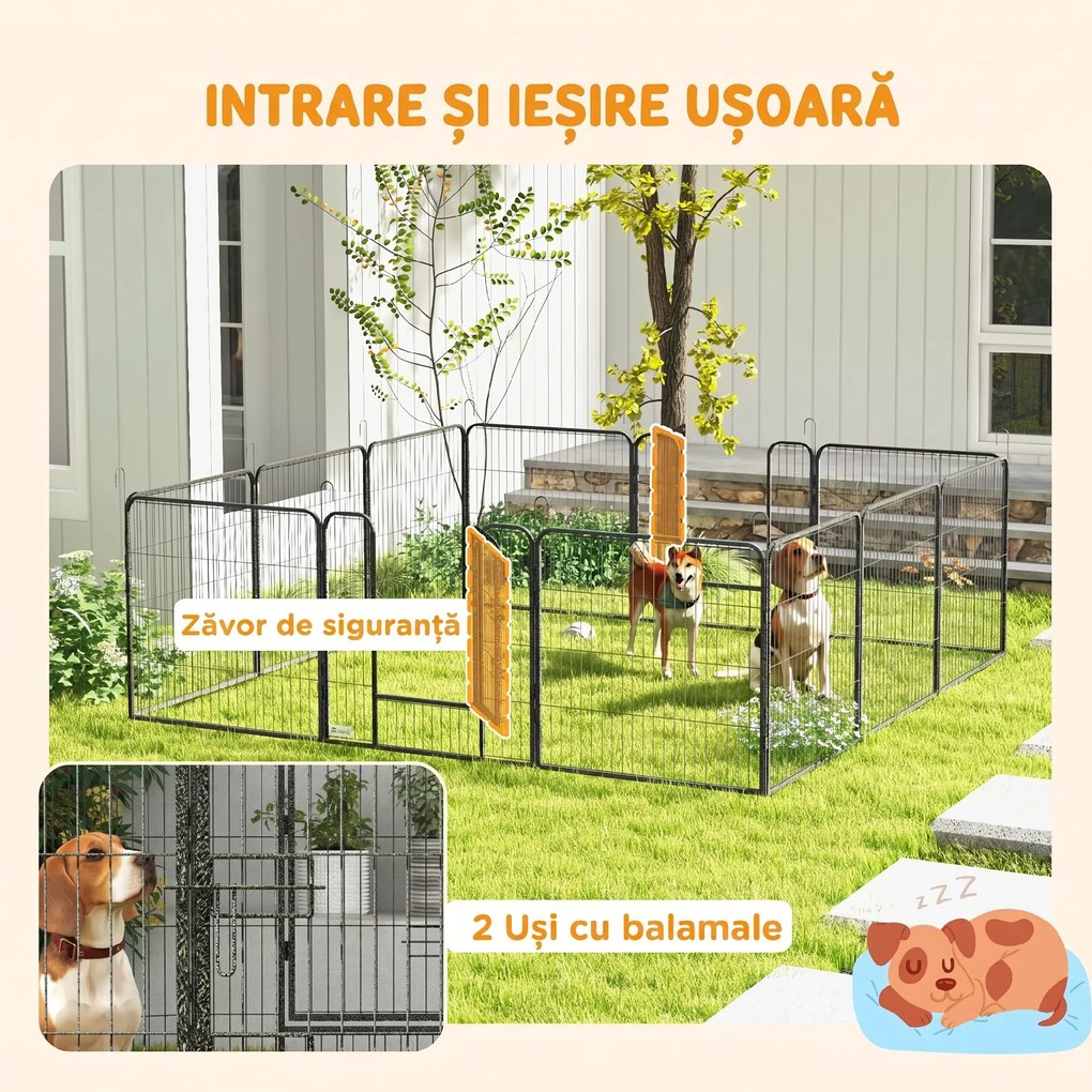 PawHut Gard pentru Câini, Incintă Modulară pentru Câini din 8 Secții pentru Interior și Exterior, 80x100 cm, Negru | Aosom Romania