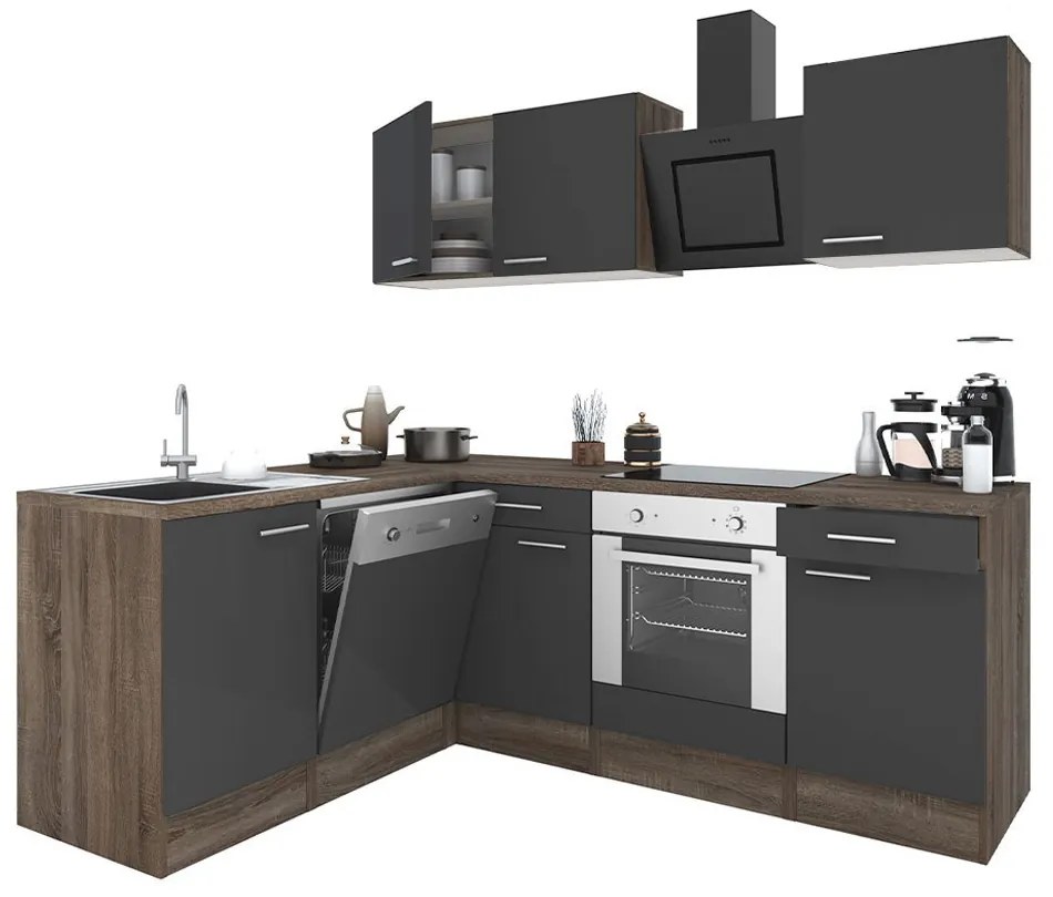 Mobilă de bucătărie de colț Yorki 220, corp din stejar Yorki, față antracit satinat cu element inferior al cuptorului