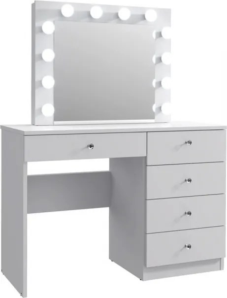 Masuta machiaj cu Oglinda LED si 5 Sertare pentru Cosmetice, Set Masa toaleta 110 cm, Alb, masuta cosmetica, vanity - SEA534