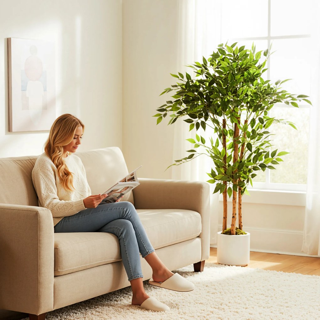 HOMCOM Plantă Artificială Banian 120 cm, cu Trunchi din Lemn Masiv și Ghiveci pentru Interior, Verde | Aosom Romania