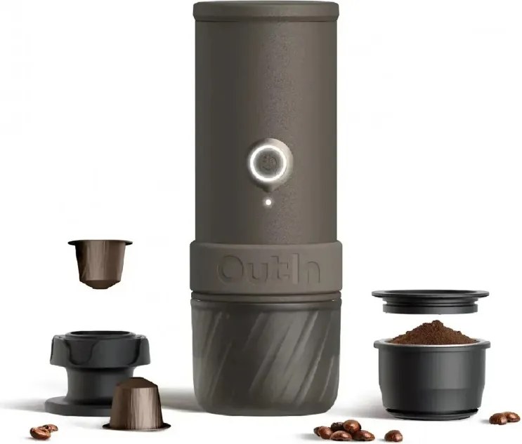 Espressor portabil Outin Mino SG, 22 bari, 9000 mAh, 70 ml, Extractie la 93,3°C, Cafea macinata si capsule Nespresso, USB-C, Gri