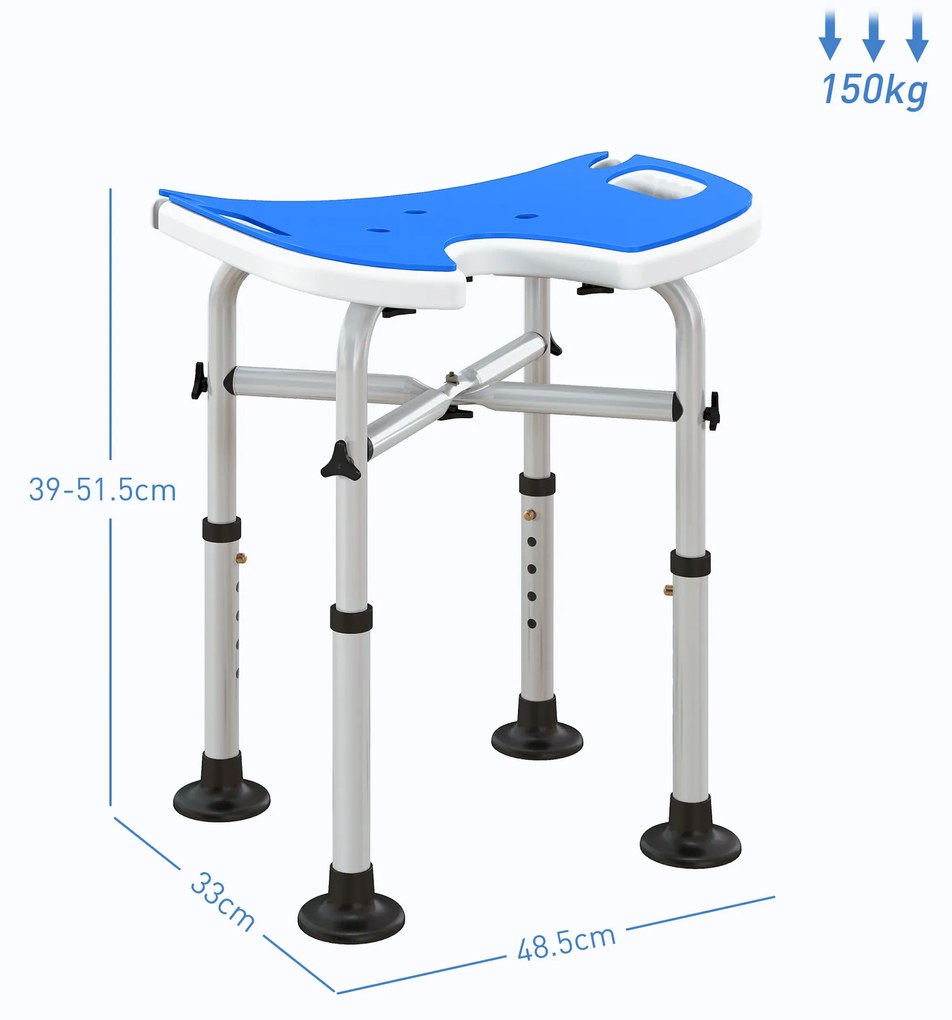 HOMCOM Taburet de Duș Reglabil pe Înălțime cu Mâner cu Ventuză și Picioare Antiderapante, 48,5x33x39-51,5 cm, Albastru | Aosom Romania