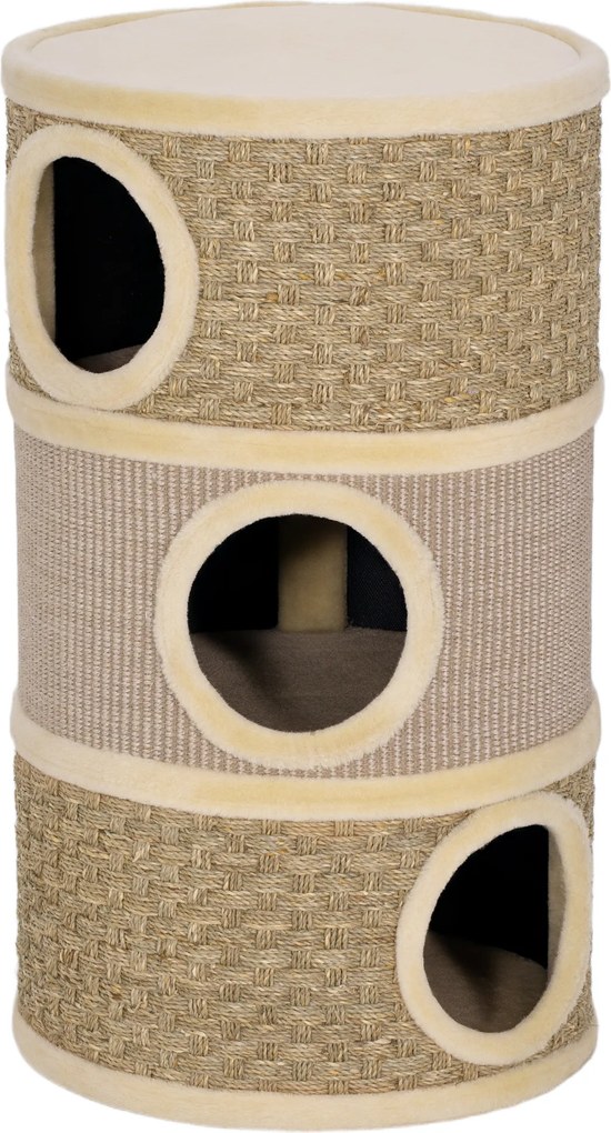 PawHut Tonă de zgâriat, 79 cm înălțime, Ø45 cm, tonă pentru pisici cu 3 niveluri și sfoară din sisal, peșteră pentru pisici, pentru pisici mari, Khaki+Maro | Aosom Romania
