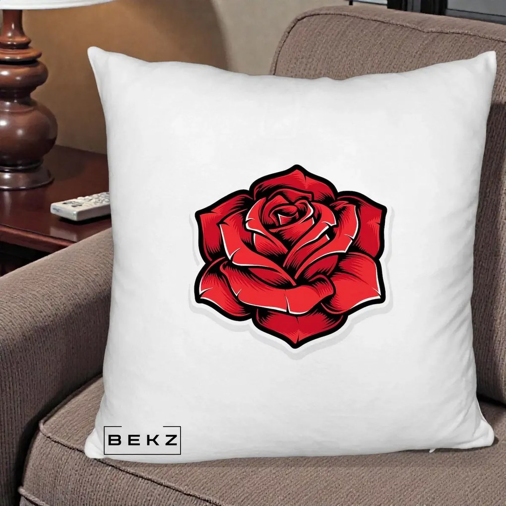Perna Decorativa Trandafir Rosu Tattoo, 40x40 cm, Alb Pufos, Husa Detasabila, Perna Inclusa, BEKZ®