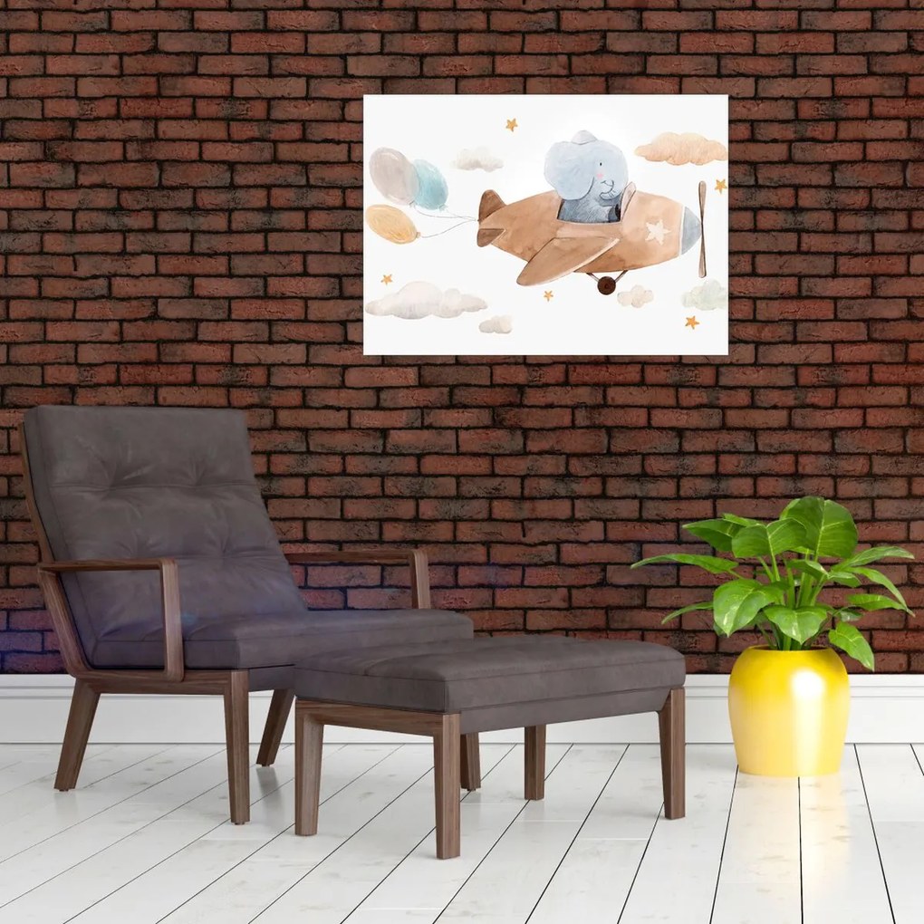 Tablou pe sticlă - Acuarelă elefant într-un avion (70x50 cm)