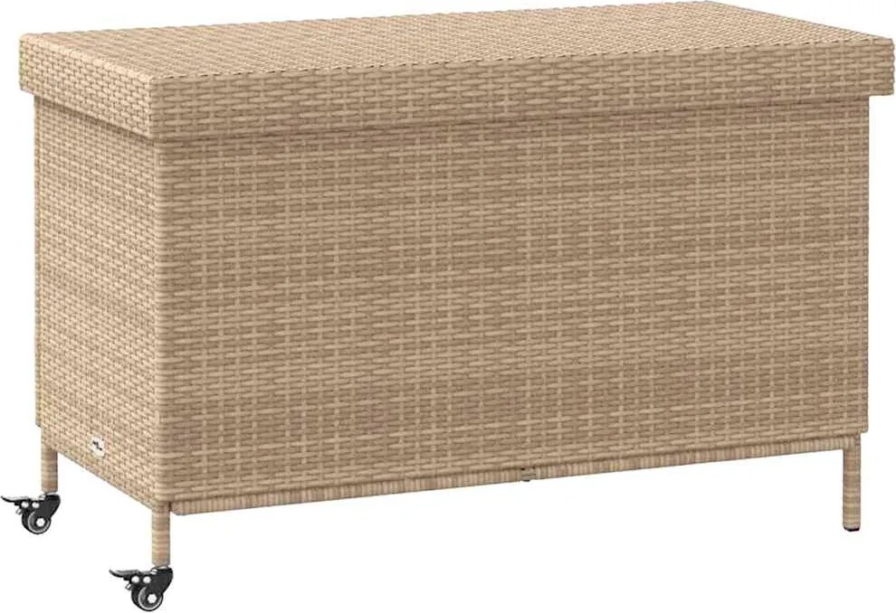 vidaXL Cutie de depozitare de grădină cu roți mixt bej poli ratan