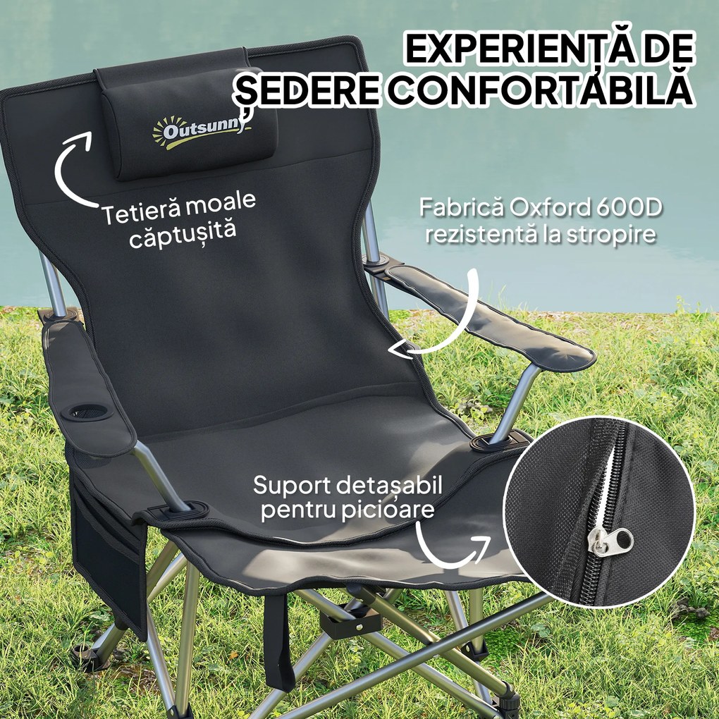 Outsunny Scaun de Camping Pliabil și Rabatabil cu Suport pentru Picioare Detașabil și Tetieră, 82x50/100x88 cm, Negru | Aosom Romania