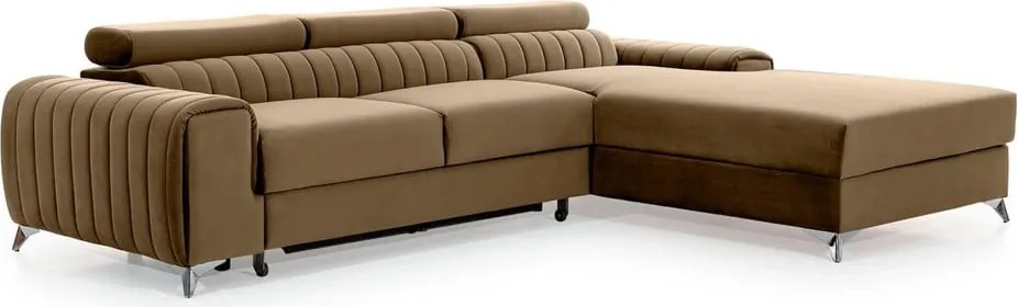 Colțar maro deschis extensibil/cu spațiu de depozitare cu tapițerie din catifea (cu colț pe partea dreaptă/cu șezlong) Grayson – ELTAP