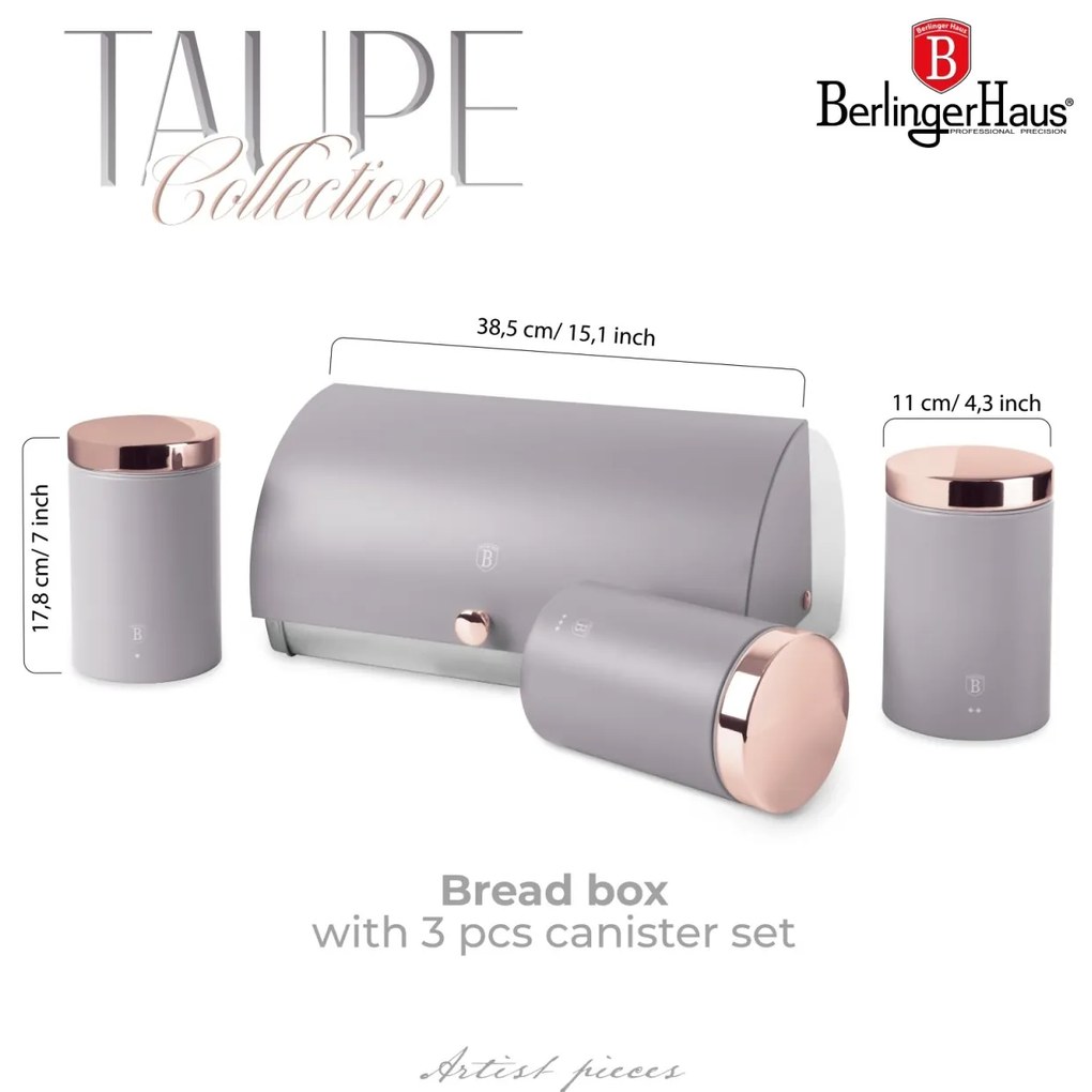 Cutie paine cu recipiente Taupe Berlinger Haus BH 6834, inox, gri