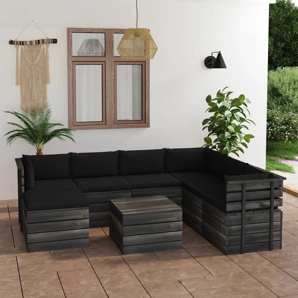 Set mobilier gradina paleti cu perne, 8 piese, lemn masiv pin Negru, 8