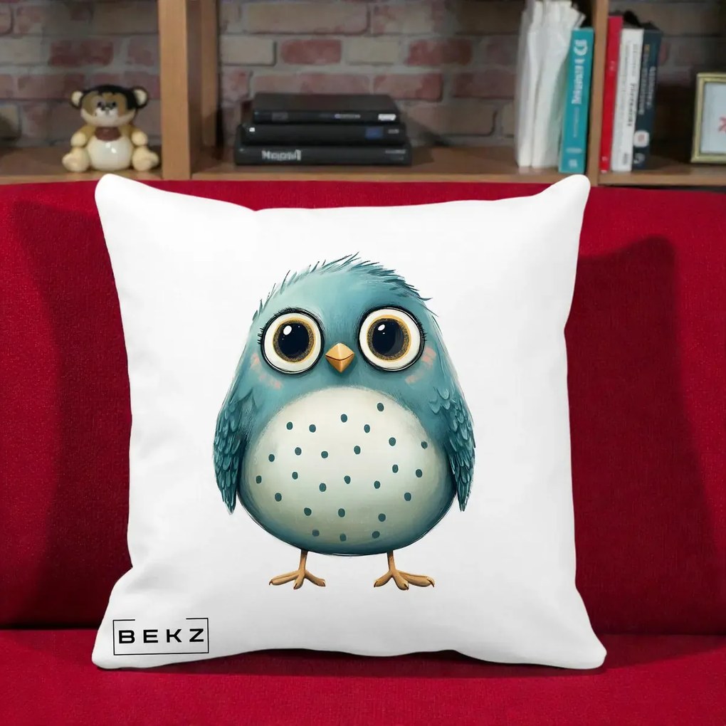 Perna Decorativa Pasare Teal cu Buline Teal, 40x40 cm, Alba Mata, Husa Detasabila, Perna Inclusa, BEKZ®