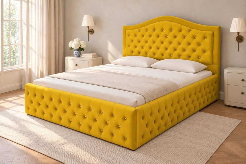 Pat tapițat Chesterfield din catifea Solaria Deluxe Cristal 200×200 cm, galben muștar, cu ladă de depozitare