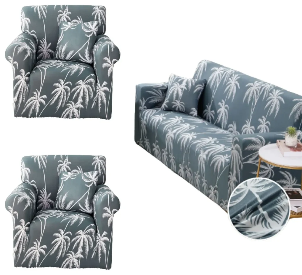 Set huse elastice pentru canapea 3 locuri si 2 fotolii, cu brate, alb / gri, SHEJ-50