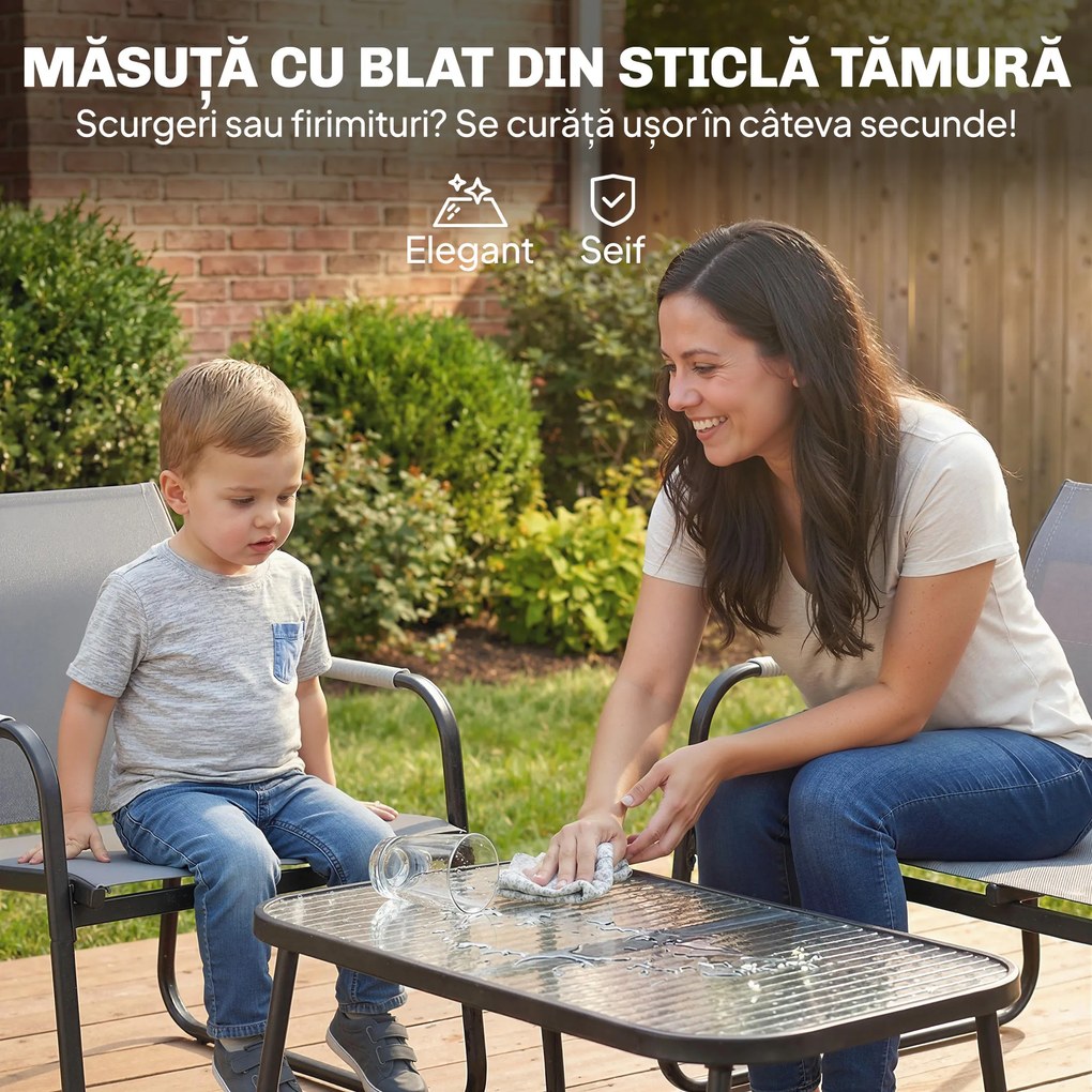 Outsunny Set de Grădină 4 Piese, Canapea cu 2 Locuri, 2 Fotolii, Măsuță din Sticlă Temperată, Gri | Aosom Romania
