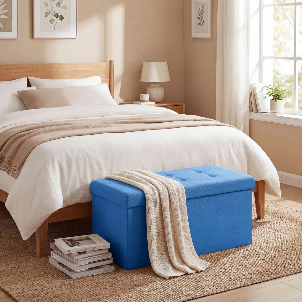 HOMCOM Puf de depozitare, bancă de depozitare pliabilă 84 L 76x38x38 cm tapițată în in sintetic albastru deschis | Aosom Romania