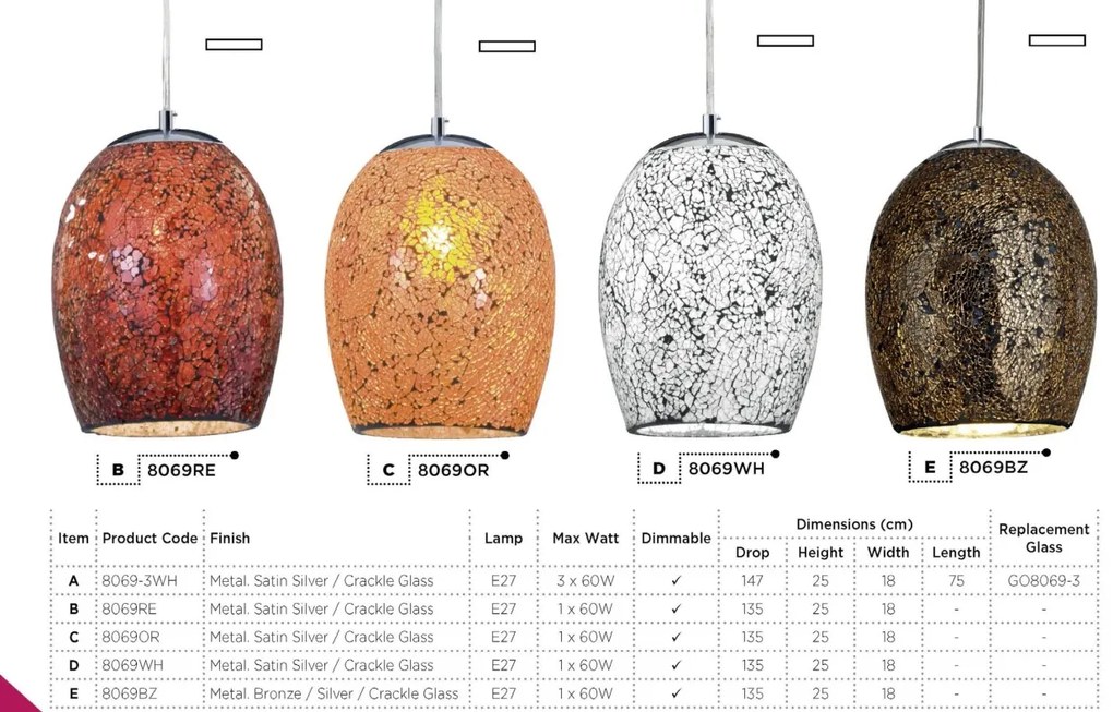 Pendul design modern Crackle alb mozaic 8069WH SRT