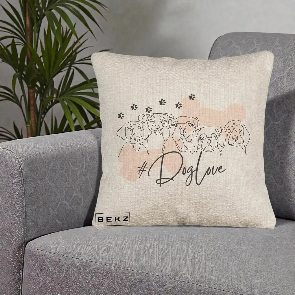 Perna Personalizata Dog Love Linie Minimalista, 40x40 cm, Bej Canapea, Husa Detasabila, Perna Inclusa, BEKZ®