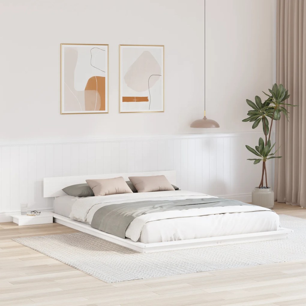 vidaXL Cadru de Pat La Nivelul Solului cu Mese de Noapte Alb 140x200cm Lemn Masiv