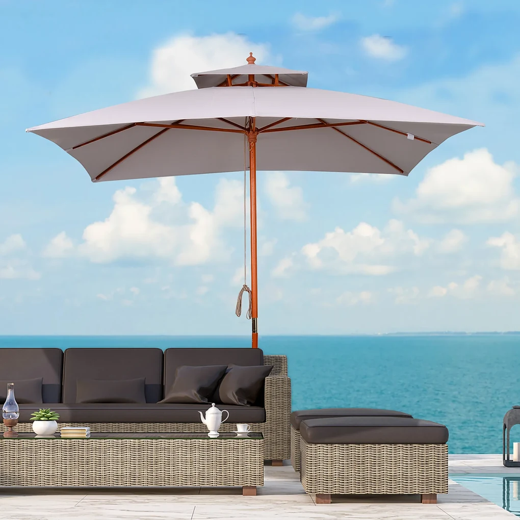 Outsunny Umbrelă de Grădină cu Sistem cu Coardă și Parasolar cu 2 Niveluri, 300x300x297 cm, Gri | Aosom Romania