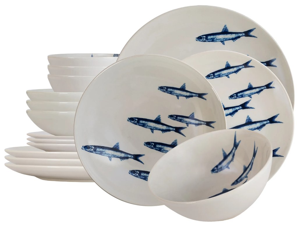 Eleganță Marină: Set de Masă cu Sardine Alb și Albastru de 16 piese