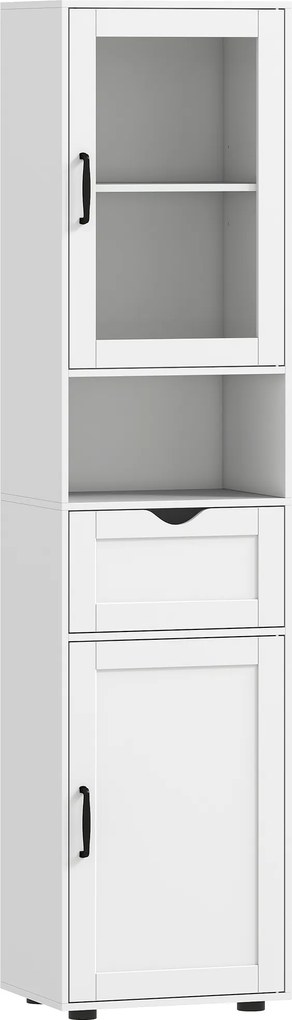 HOMCOM Mobilier de Baie Slim cu Dulapuri și Ușă din Sticlă, Mobilier Economizitor de Spațiu cu Raft Deschis, Sertar și Rafturi Ajustabile, Coloană Modernă, 40x30x165 cm, Alb | Aosom Romania