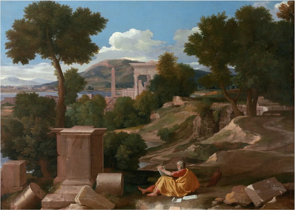 Tablou pe sticlă - Nicolas Poussin, Landscape with Saint John on Patmos, reproducere (70x50 cm)
