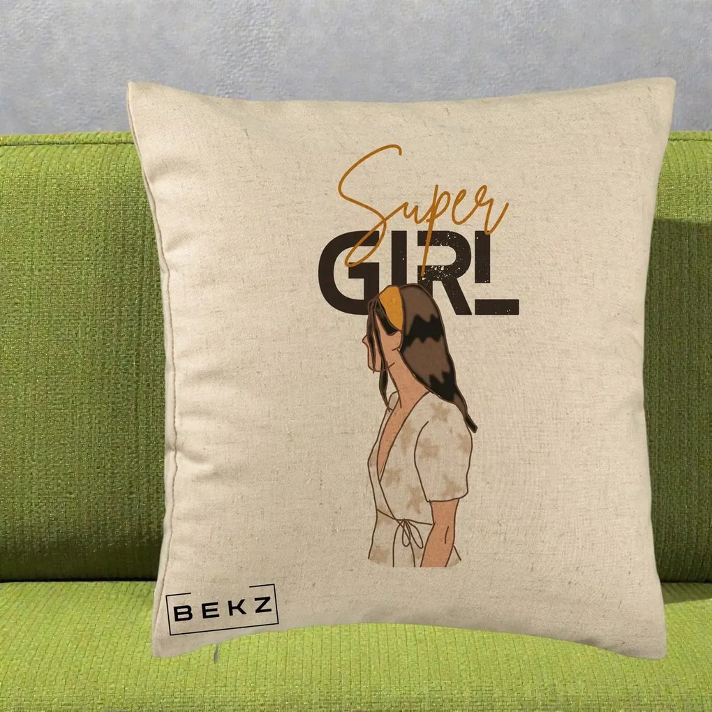 Perna Decorativa Super Girl Aesthetic, 40x40 cm, Bej, Husa Detasabila, Perna Inclusa, BEKZ®