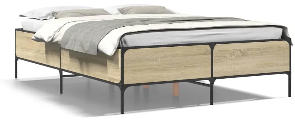3279813 vidaXL Cadru de pat, stejar sonoma, 135x190cm, lemn prelucrat și metal
