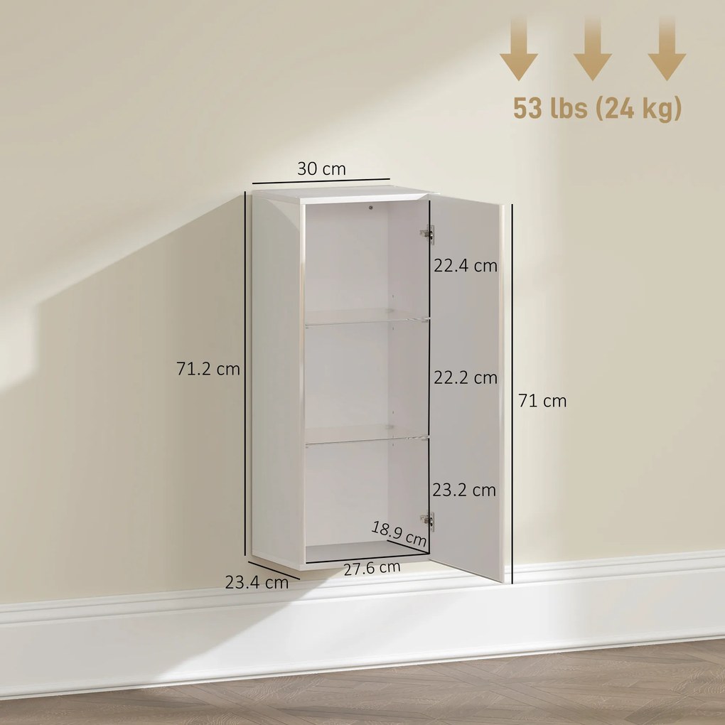 HOMCOM Dulap de Baie Suspendat cu Ușă Fără Mâner, 2 Rafturi Reglabile din Sticlă, Mobilier Suspendat Multifuncțional, 30x23,4x71,2 cm, Alb Lucios | Aosom Romania