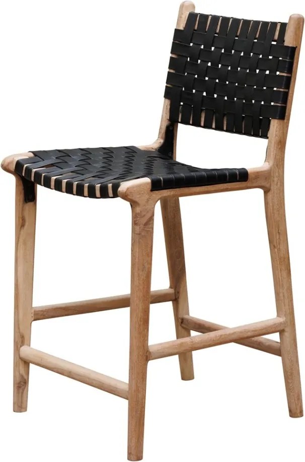 Scaun de bar împletit pentru insulă din piele naturală și lemn de acacia, negru, cu spătar și suport pentru picioare, 97 x 50 x 53 cm, „Mixing”