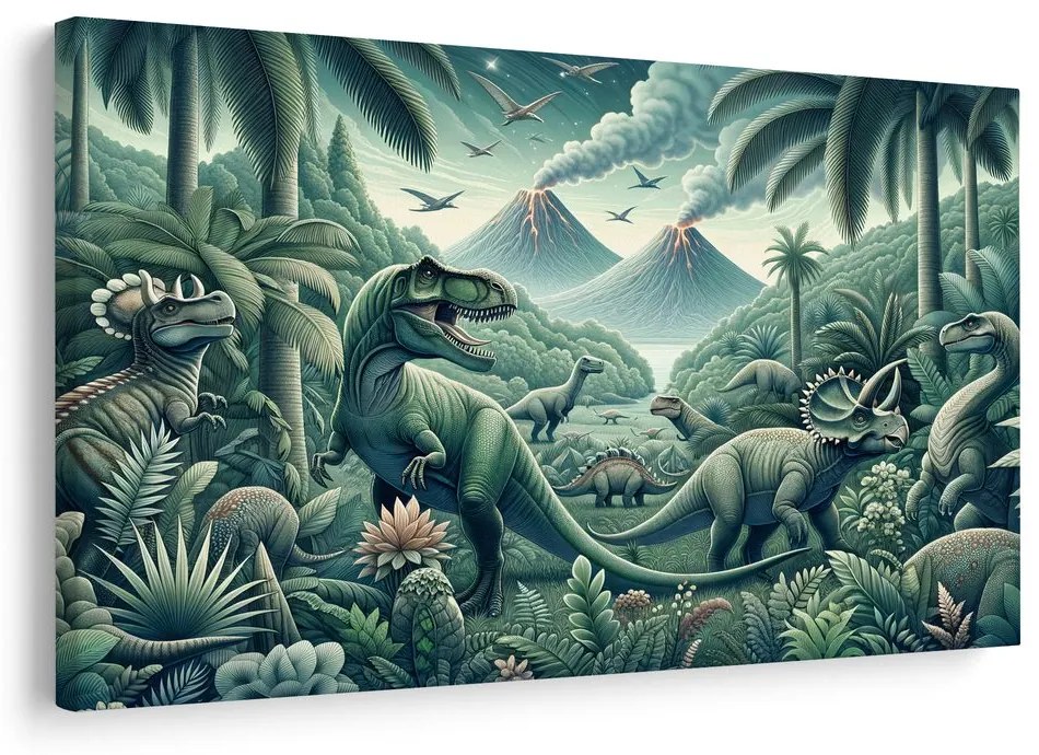 Tablou dinozauri în junglă cu vulcani