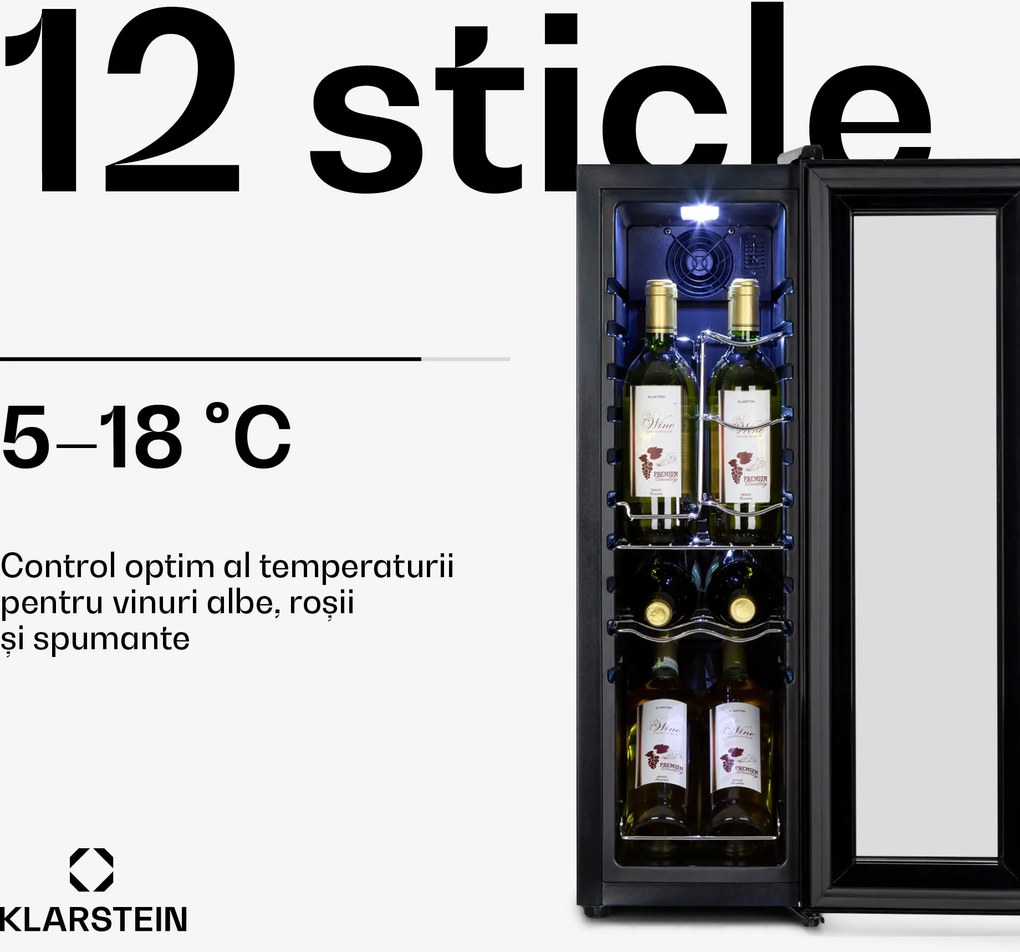 Klarstein Shiraz 12 Slim, vinotecă, 32 l, 12 sticle, 85 W, 5-18°C, panou de control tactil