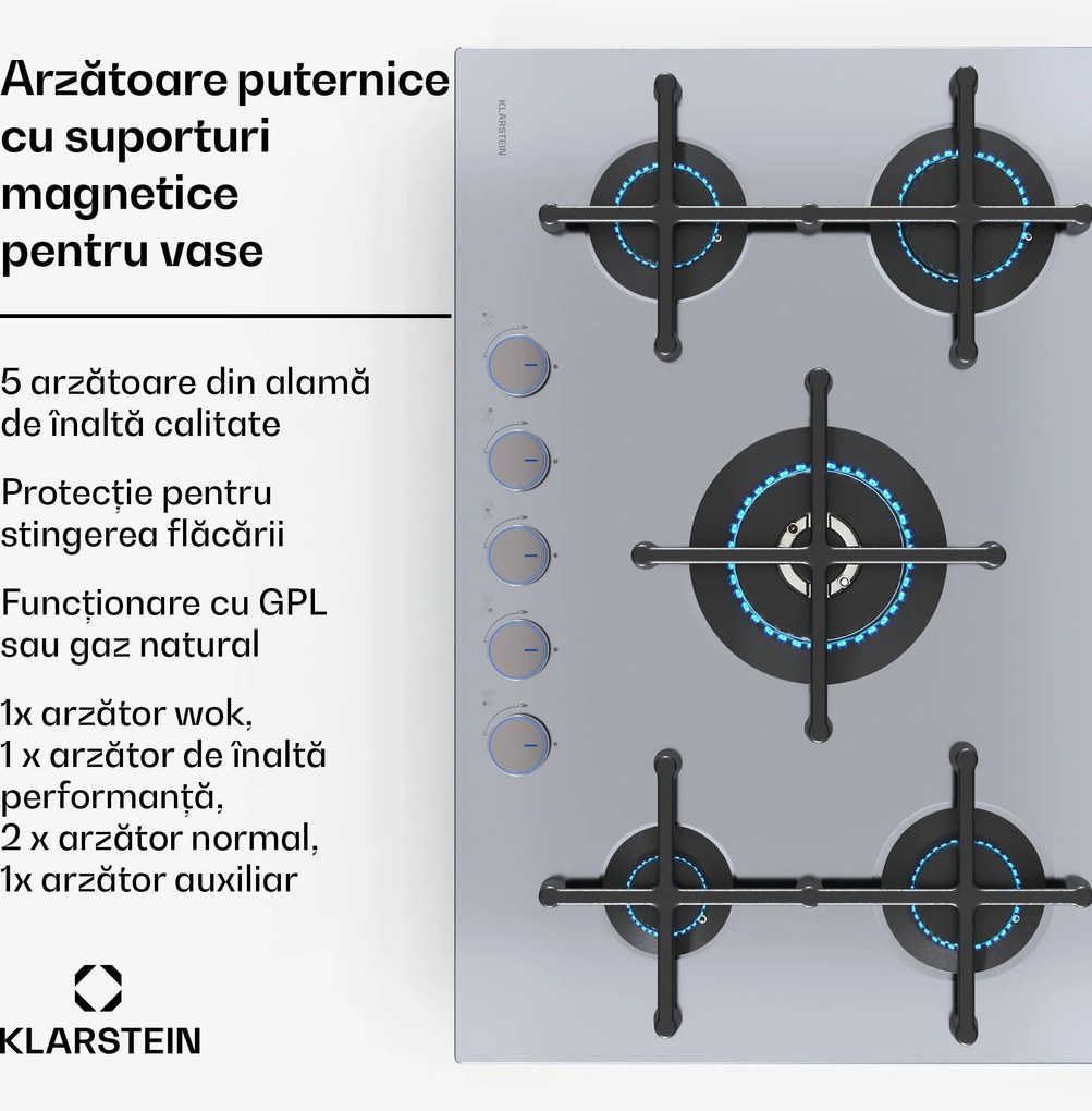 Klarstein Illuminosa 5 plită pe gaz 5 arzătoare Sabaf arzător din oțel inoxidabil