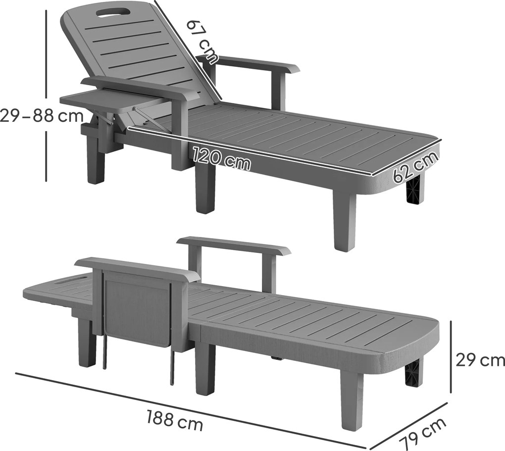 Outsunny Set 2 Șezlonguri cu Spătar Reglabil în 5 Poziții, Măsuță și Brațe Ergonomice, 79x158x88 cm, Gri | Aosom Romania