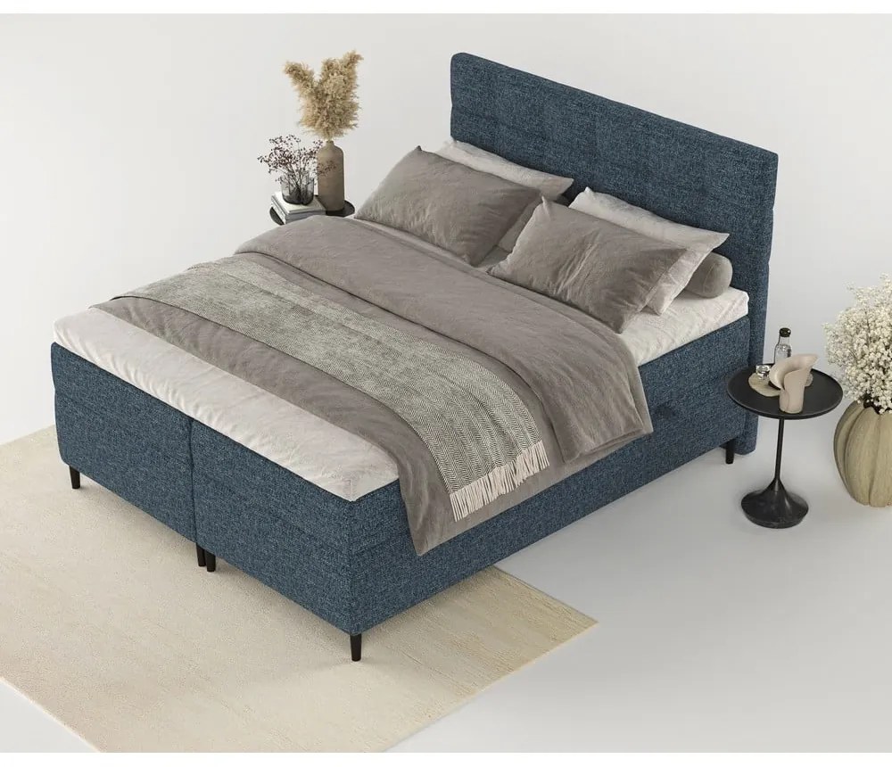 Pat boxspring albastru închis cu spațiu de depozitare 200x200 cm Urbaneo – Maison de Rêve