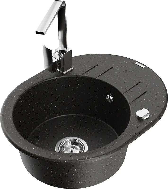 Mexen Kevin chiuvetă granit 1-cameră cu scurgător și baterie de bucătărie Rita, negru/auriu metalic - 6517-75-670300-00