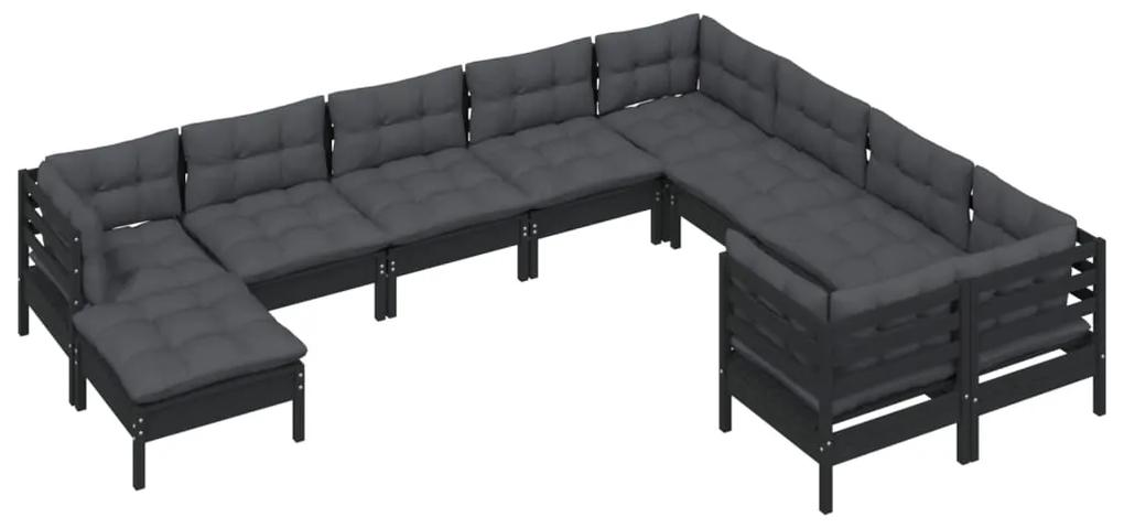 Set mobilier gradina cu perne, 10 piese, negru, lemn de pin Negru, 1
