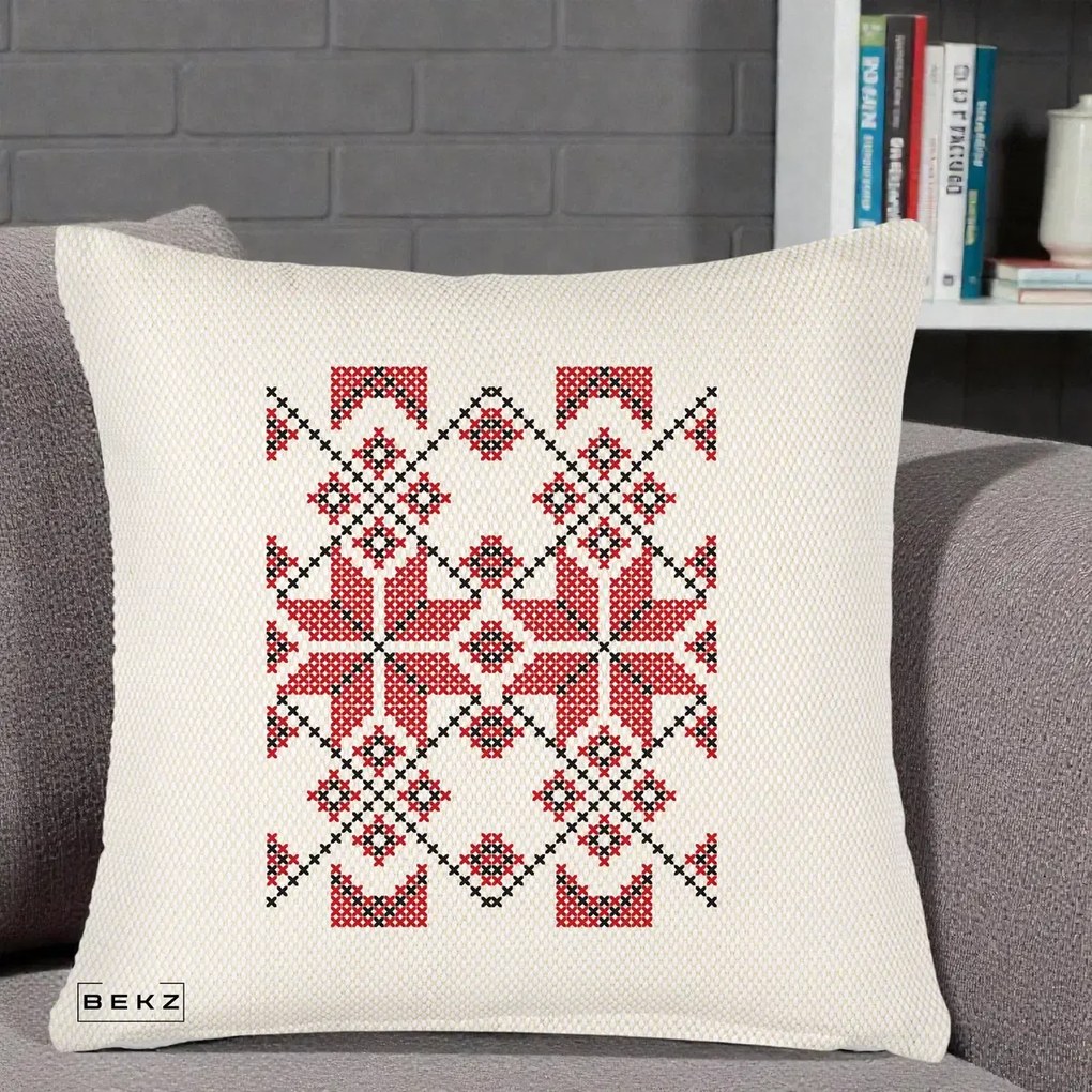 Perna Personalizata Motiv Traditional Cusatura Rosu-Negru, 40x40 cm, Crem Reliefat, Husa Detasabila, Perna Inclusa, BEKZ®
