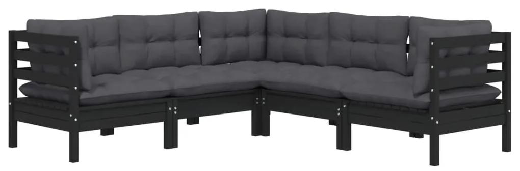 Set mobilier gradina cu perne, 5 piese, negru, lemn masiv pin Negru, 1