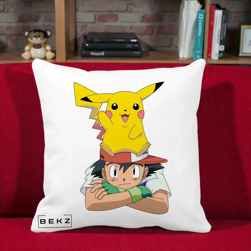 Perna Personalizata Ash si Pikachu, 40x40 cm, Alba Mata, Husa Detasabila, Perna Inclusa, BEKZ®