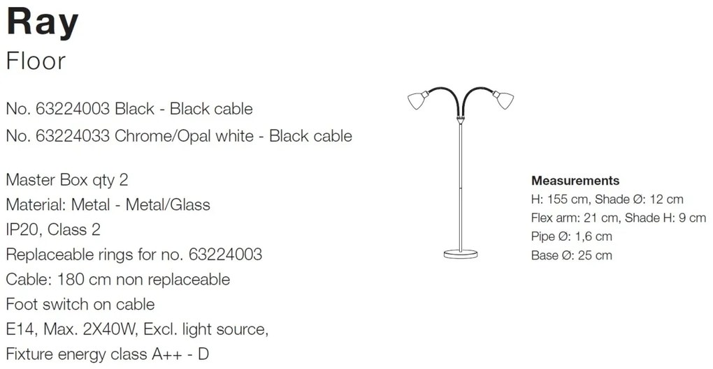 Lampadar modern cu 2 brate flexibile Ray negru 63224003 NL