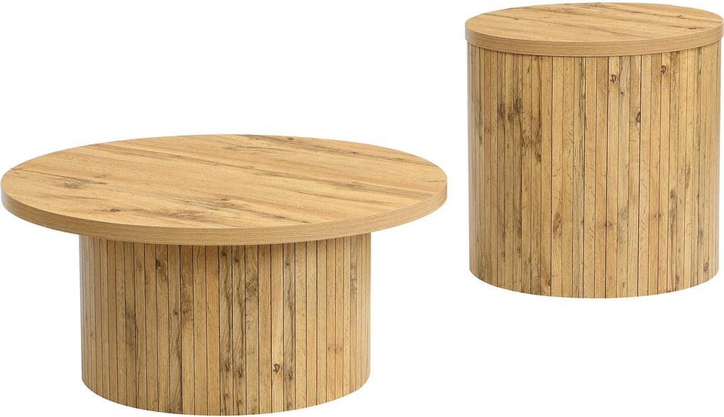 Set de 2 măsuțe de cafea rotunde, cu fronturi cu lamele verticale din lemn natural și colțuri rotunjite, 75x75x36 cm/50x50x50,5 cm, Culoare naturală