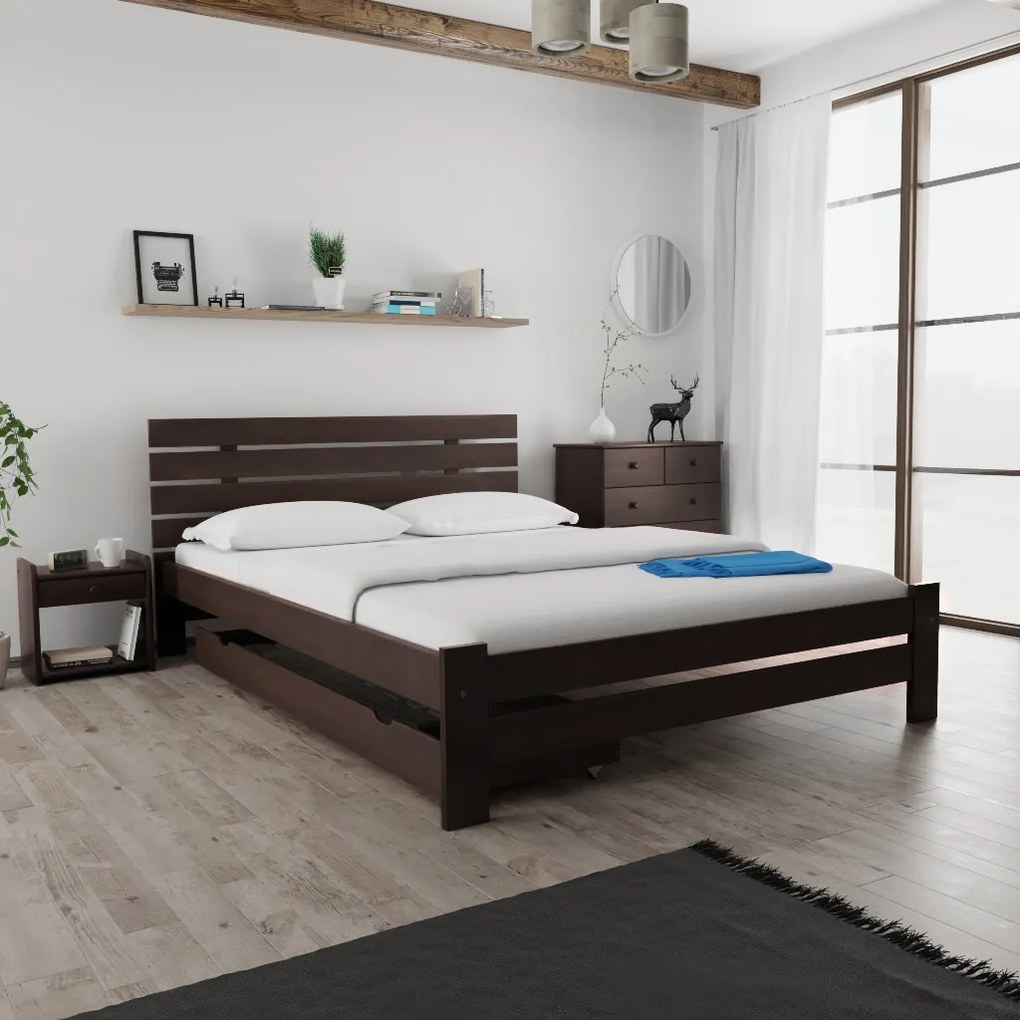 Pat inalt Paris, nuc 140x200 cm Saltele: Cu saltele Deluxe 10 cm, Somiera pat: Cu lamele drepte