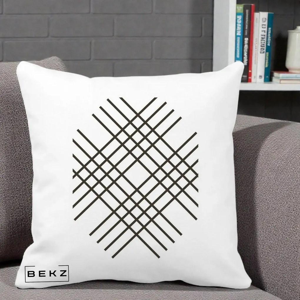 Perna Decorativa Geometric Grid, 40x40 cm, Alba Mata, Husa Detasabila, Perna Inclusa, BEKZ®