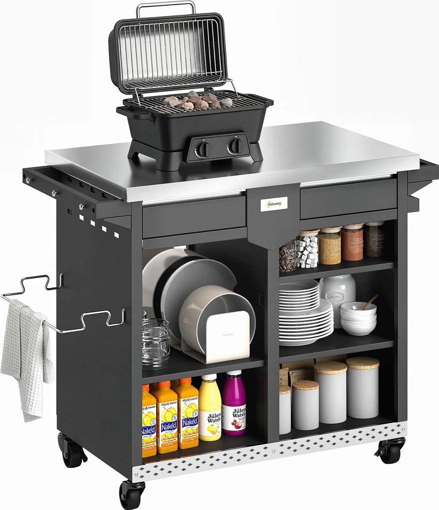 Outsunny Cărucior grătar 5-nivele Masă laterală cu suprafață de lucru din oțel inoxidabil rafturi reglabile sertar roți suport condimente suport prosoape | Aosom Romania