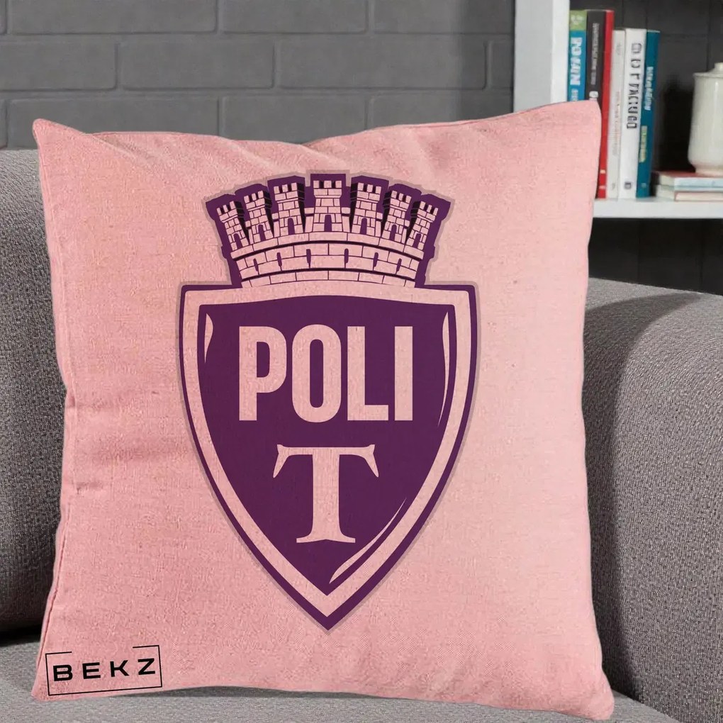 Perna Personalizata Poli Timisoara Fotbal, 40x40 cm, Roz, Husa Detasabila, Perna Inclusa, BEKZ®